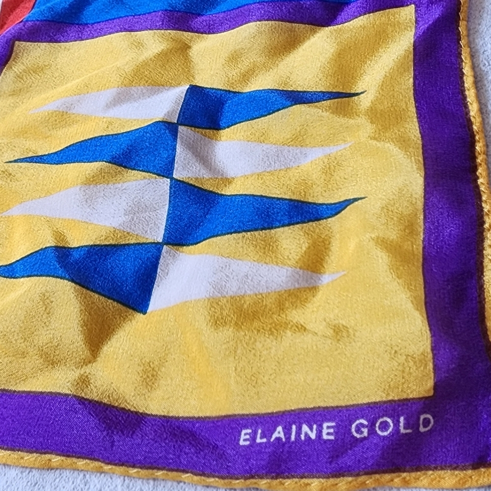 Vintage Elaine Gold Geometric Print Silk Scarf Jewel Tones 32x31 Bold Colorful - Picture 2 of 5